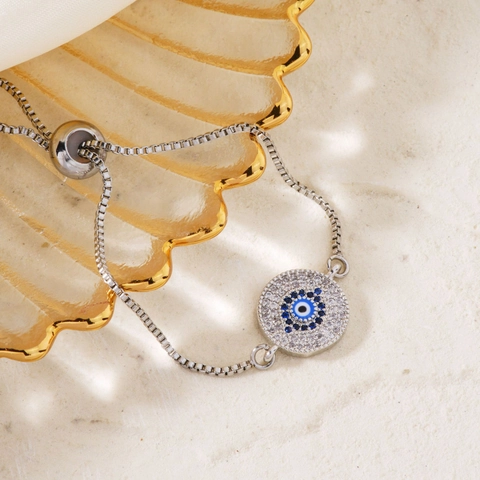 Vintage Stainless Steel Evil Eye Adjustable Bracelet For Women Silver Plated Pave Rhinestone Circular Charm Jewelry
