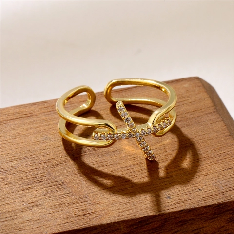 Anillo Entrelazado En X Para Mujer Cobre Zirconia Multicapa Apertura Ajustable Joyería De Moda