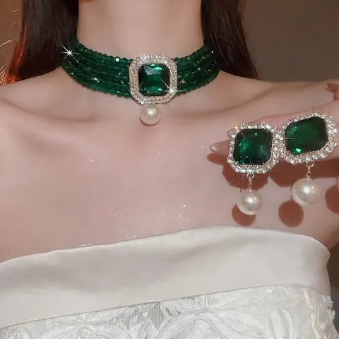 Elegant Multi Layer Faux Artificial Pearl Choker Necklace With Square Crystal And Rhinestone Pendant Vintage Retro Jewelry For Women