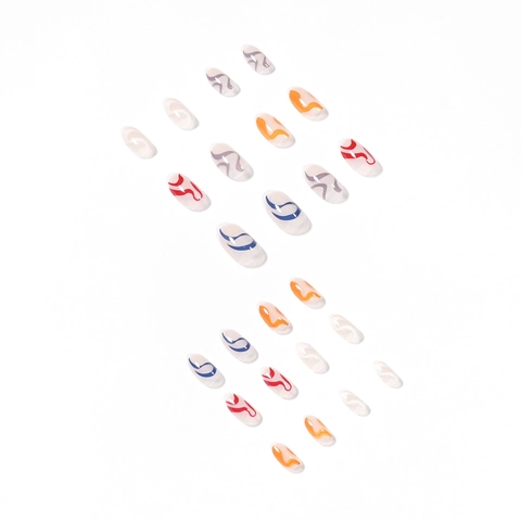 Kunstnagels Amandel Kleurrijke Abstracte Golvende Lijnen Glanzend Minimalistische Stijl Voor Vrouwen