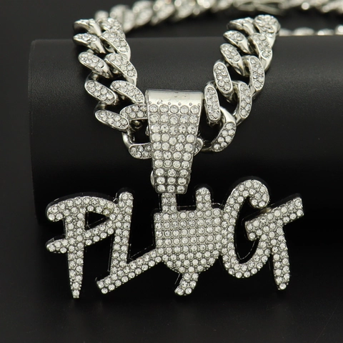 Collana Con Ciondolo Lettera PLUG Hip Hop Lega Strass Iced Out Catena Cubana Gioielli Per Uomini Donne Rap Streetwear