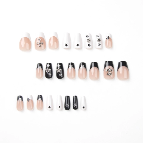 Gothic Press On Nails Black White French Long Ballerina Fake Nails Cross Star Metal Charms Punk Y2K Style Women DIY Manicure