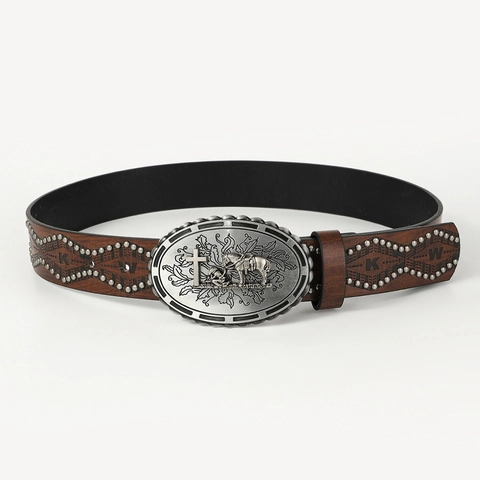 Western Cowboy Belt PU Leather With Oval Embossed Alloy Buckle Vintage Retro Studded Waist Strap For Men Women