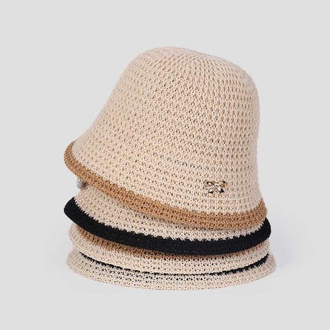 Cappello Alla Pescatora In Maglia Da Donna Traspirante Mesh Protezione Solare Bordo A Contrasto Fiocco Metallo Estate
