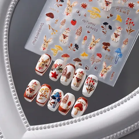 Autocollants Art Des Ongles Relief 5D Automne Forêt Lapin Champignon Feuilles Auto-Adhésifs Décoration Manucure Femmes
