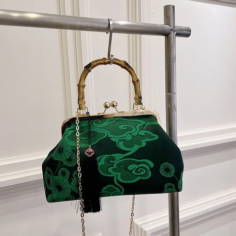 New Chinese Style Satin Embroidery Lucky Cloud Floral Pattern Handbag Bamboo Handle Lock Tassel Chain Shoulder Crossbody Bag