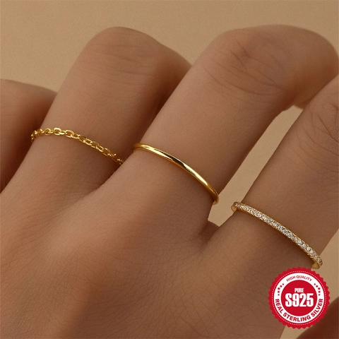 925 Sterling Silver Stackable Rings Gold Plated Minimalist Pave Zircon And Chain Link Dainty Jewelry For Women