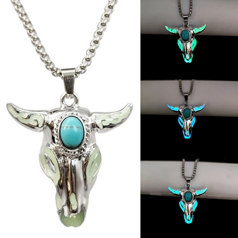 Bull Head Skull Pendant Necklace Stainless Steel Turquoise Glow In The Dark Retro Gothic Punk Animal Jewelry Men Women