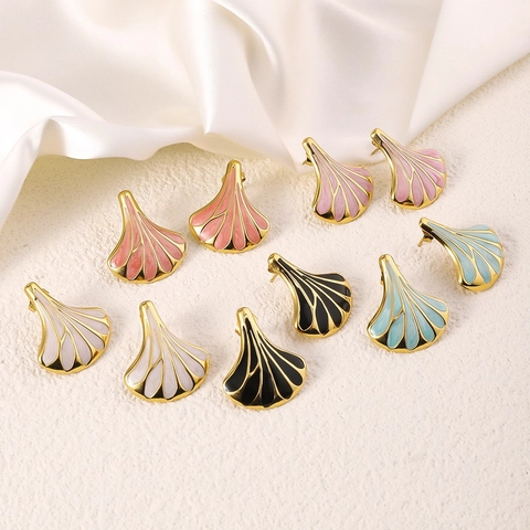 Vintage Roestvrij Staal 18K Verguld Waaiervormig Emaille Oorknopjes Voor Vrouwen Ginkgoblad Druppelende Olie Sieraden