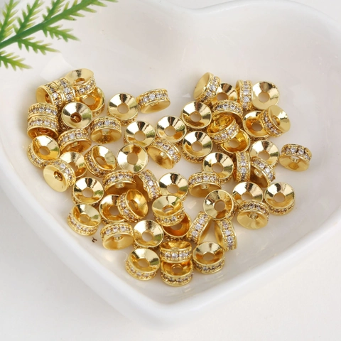 Micro Pave Zircon Copper Spacer Beads Round Wheel Shape 18K Gold Plated For DIY Jewelry Making Bracelet Findings