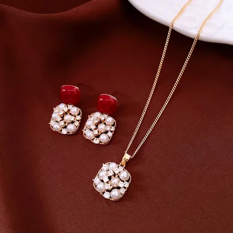 Vintage 18K Gold Plated Square Imitation Artificial Pearl Necklace And Red Enamel Earrings With Silver Earring Post For Women