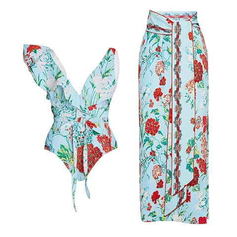 Floral Print One Piece Swimsuit Women Polyester Spandex Ruffle High Waist Beach Vacation Retro Swimwear Set