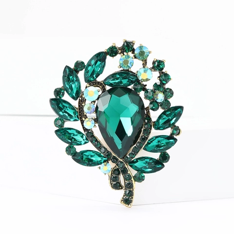 Broche de Aleación Vintage con Diamantes de Imitación de Hoja y Flores Elegante Broche de Cristal para Mujer Boda Fiesta Joyería de Moda Accesorio
