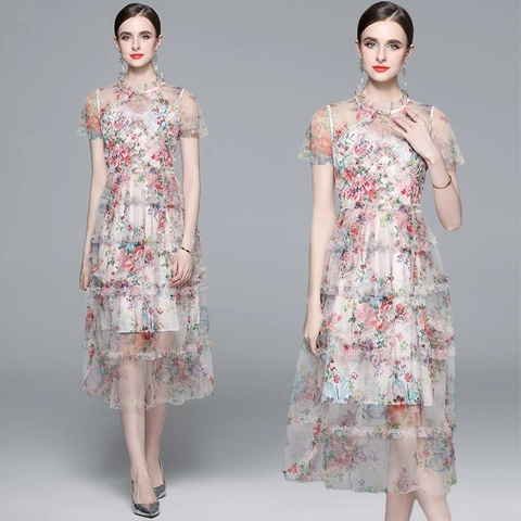 Elegantes Maxi Kleid Mit Blumendruck Aus Mesh Für Damen Gestufter Rüschen Stehkragen Hohe Taille Party Mode