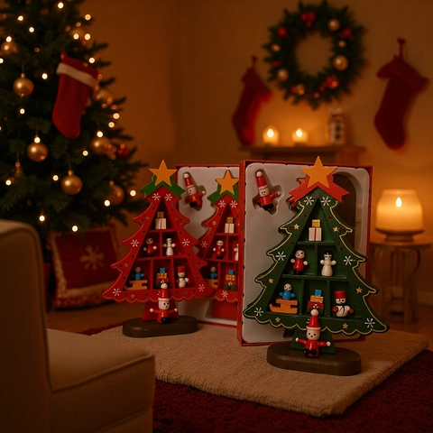 Christmas Tree Wooden Ornament Hand Painted Miniature Figures Desktop Holiday Decoration Wood Craft Traditional Style