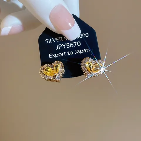 Pendientes De Botón Corazón Cobre Chapado En Oro Con Circón Amarillo Y Cristal Blanco Para Mujeres Poste De Plata Estilo Dulce
