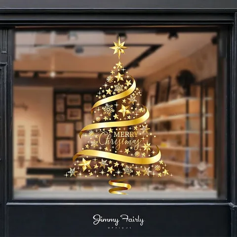 Golden Christmas Tree Window Clings Static PVC Sticker Merry Christmas Stars Snowflake Decals For Glass