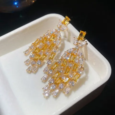 Boucles D'oreilles Pendantes À Pampilles Style Cour Vintage Avec Zircone Jaune Base En Cuivre Et Tige En Argent Pour Femme