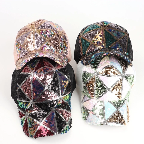 Sequin Baseball Cap Breathable Mesh Back Geometric Pattern Adjustable Fashion Trucker Hat For Women Men