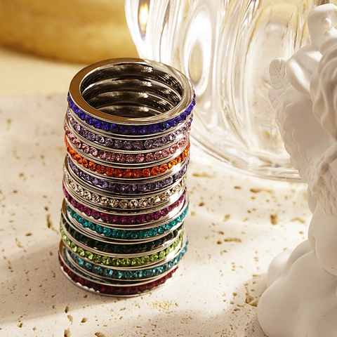 Birthstone Eternity Band Ring Stainless Steel Colorful Zirconia Stackable High Polished Fashion Jewelry Women