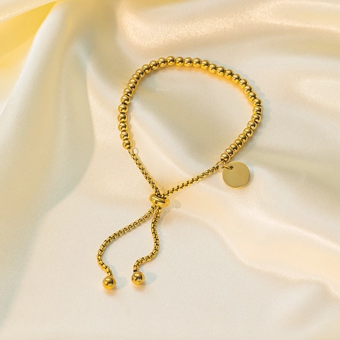Minimalist Stainless Steel Beaded Bracelet With Blank Round Tag Adjustable Sliding Clasp Gold Silver Fashion Jewelry For Women