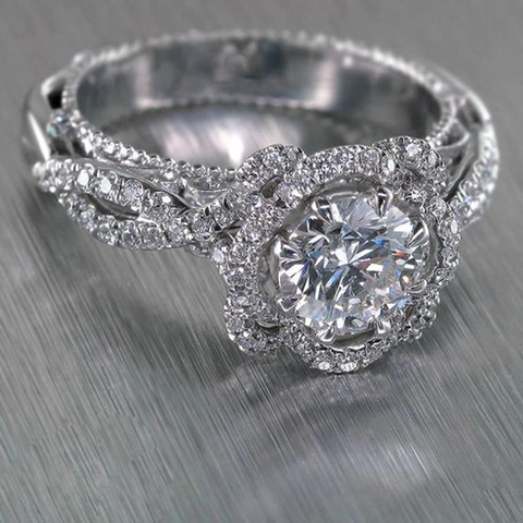 Bague Luxe Fleurs Creuses Zirconium Cuivre Anneau Torsadé Entrelacé Coupe Ronde Halo Bijoux Pour Femmes