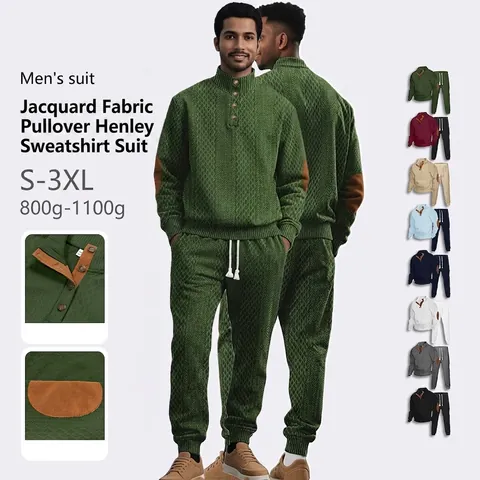 Maglia E Pantaloni In Maglia Jacquard Da Uomo Casual Sportivo Outdoor Collo Henley Collo Alto Bottone Toppa Gomito Manica Lunga