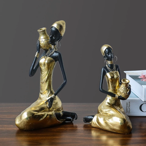 Afrikanische Frauen Figuren Harz Statuen Schwarze Haut Gold Kleid Stamm Stil Handgefertigte Exotische Ornamente Dekorative Schale