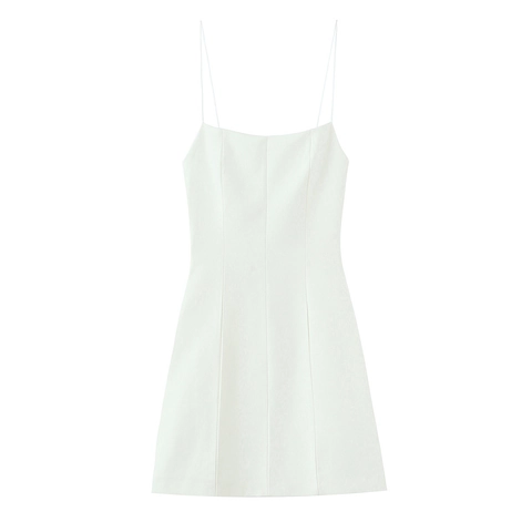 Women Polyester Spaghetti Strap Mini Dress Elegant Sleeveless Back Bow Decoration Party Clubwear Slim Fit Plain