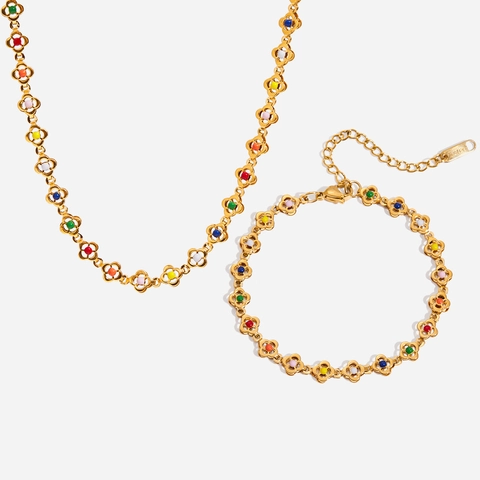 Colorful Enamel Flower 18K Gold Plated Stainless Steel Necklace And Bracelet For Women Hypoallergenic Minimalist Jewelry