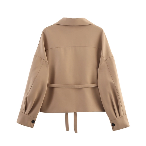 Giacca Blazer Corta Cargo da Donna Con Cintura Khaki Rever a Dente Bottone Singolo Manica Lunga Tasche Cappotto
