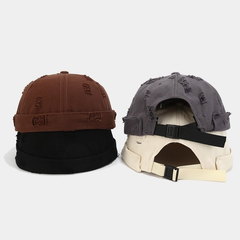 Distressed Cotton Brimless Docker Hat Retro Landlord Cap Adjustable Hip Hop Streetwear For Men Women Solid Color
