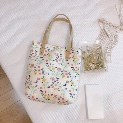 Sac Fourre-Tout À Fleurs Toile De Coton Épaissie Sac À Main Vintage Style Pastoral Avec Poignées En Similicuir Et Rivets