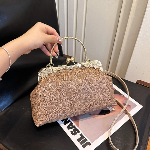 Vintage Kiss Lock Handtasche Geprägtes Blumen PU Leder Schulter Umhängetasche Mit Goldenem Metallgriff Für Damen