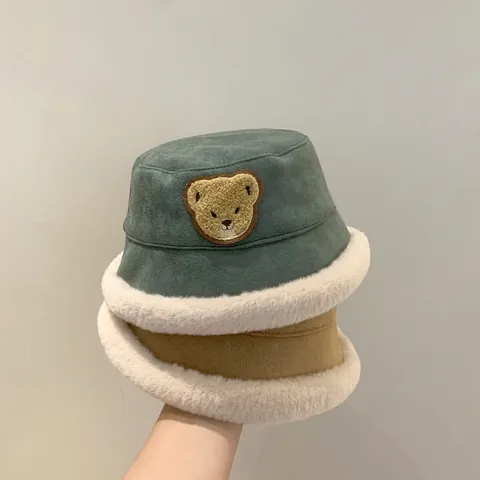 Cute Bear Embroidery Cotton Faux Suede Fisherman Hat Plush Brim Warm Winter Basin Hat For Boys Girls Toddlers Children