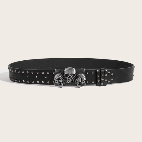 Mens Punk Belt With Three Skull Alloy Buckle Rivet Studded PU Leather Gothic Rock Hip Hop Waistband For Casual Jeans