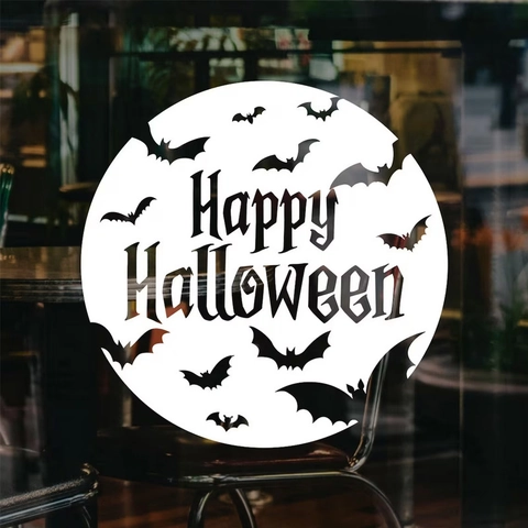 Happy Halloween Round Wall Sticker Bat Pattern PVC Static Cling Window Glass Decal Party Decoration