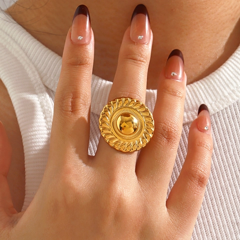 Anillo De Disco Redondo Vintage De Acero Inoxidable Con Patrón Espiral Estilo Étnico Boho Exagerado Anillo Abierto Ajustable Para Mujer