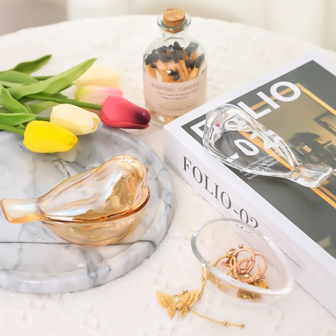Bird Jewelry Box Glass Trinket Dish With Lid For Rings Earrings Desktop Storage Case Decorative Amber Clear