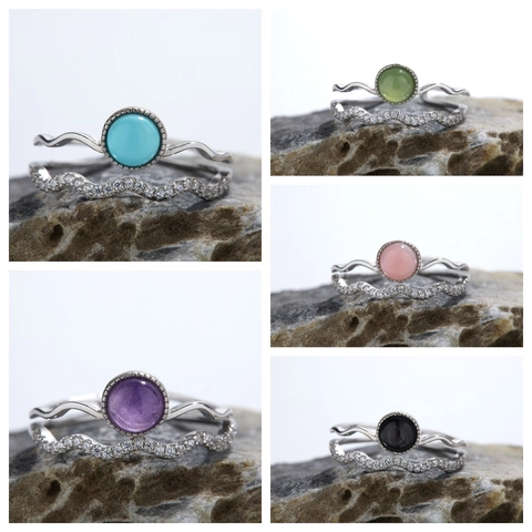 Juego de Anillos de Plata de Ley S925 Piedra Preciosa Natural Amatista Turquesa Corona Ola Anillo Abierto Ajustable Joyería Mujer