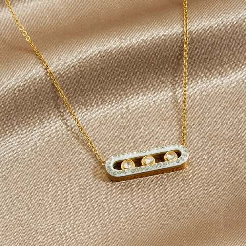 Collier En Acier Inoxydable Plaqué Or Pendentif Ovale Avec Strass Mobiles Coulissants Bijoux Élégants