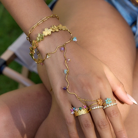 Bracciale Ad Anello In Acciaio Inossidabile E Cerchio Fiore Con Pietre Colorate Perla Artificial Finta Placcato Oro Gioielli Boho Donna
