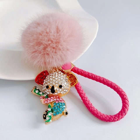 Cute Cartoon Koala Keychain Sparkly Rhinestone Alloy Bag Pendant With Heart Charm And Woven Strap Exquisite Gift