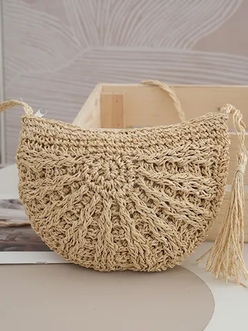 Bolso Bandolera De Paja De Papel Tejido A Mano Para Mujer Forma De Medialuna Con Borla Para Vacaciones De Verano En Playa