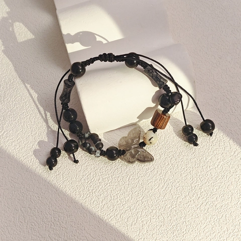 Bracciale Di Perline Resina Legno Ciondolo Farfalla Cordino Intrecciato Stile Cinese Retrò Gioielli Da Mano Eleganti Donne