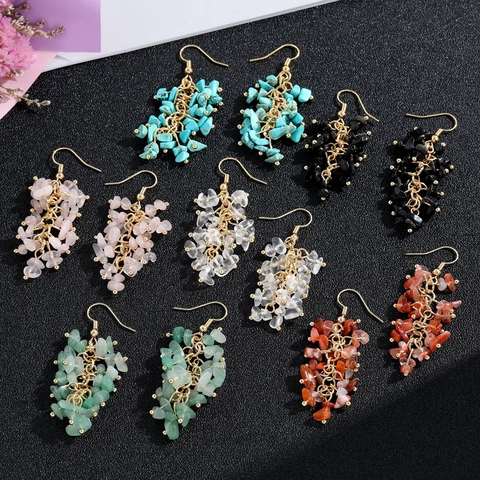 Handmade Bohemian Long Tassel Dangle Earrings With Natural Crushed Stone And Iron Earring Post For Women Fashion
