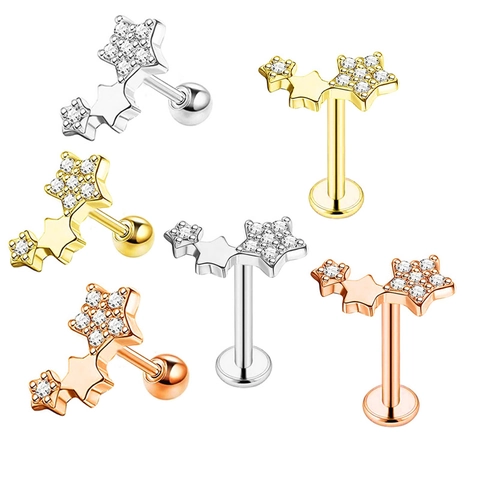 Drie Sterren Roestvrij Staal Labret Studs Steentjes Oorkraakbeen Piercing Sieraden Glanzende Hemelse Stijl Voor Dames