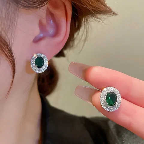 Orecchini Vintage In Zircone Verde Smeraldo Con Perno In Argento Borchie Geometriche Ovali Di Lusso Per Donne