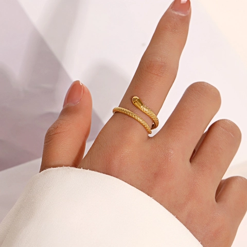 Bague Serpent En Acier Inoxydable Plaqué Or Pour Femmes Ouverture Réglable Texture Écailles De Serpent Bijoux Mode