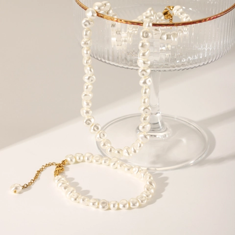 Barock Künstliche Perlen Halskette Und Armband Schmuck Französisch Vintage Unregelmäßig Edelstahl Elegant Für Frauen